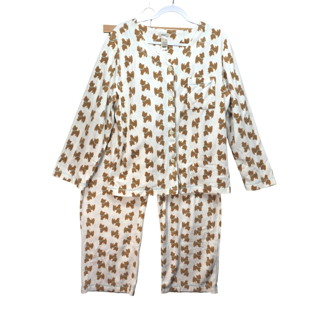 Adonna 2 Pc Pajama Set Womens XL Scottie Dog Fleece Cozy White Brown Button Top